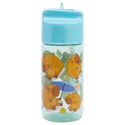 Garrafa de plástico com tampa azul e estampas de capivaras amarelas