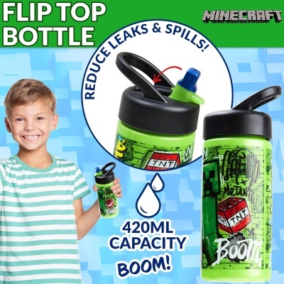 Garrafa verde com tampa preta e estampas Minecraft, capacidade 420 ml
