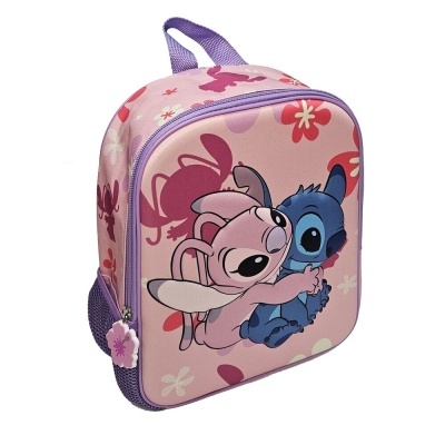 Mochila escolar cor-de-rosa pequena com desenho de Stitch e Angel