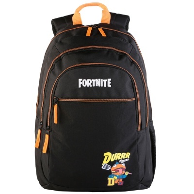 Mochila preta Fortnite com detalhes laranja e estampa colorida