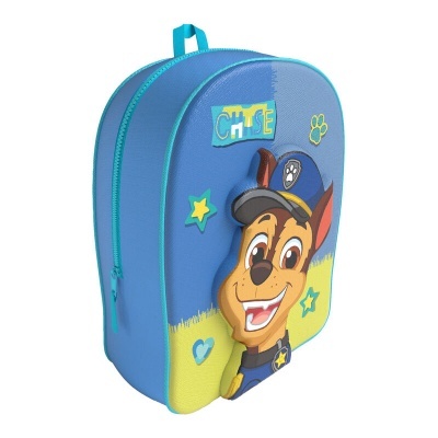 Mochila azul e amarela com estampa do personagem Chase da Patrulha Pata