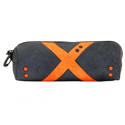 Estojo escolar cinzento escuro com padrão em X laranja