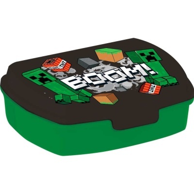 Caixa de lanche verde com tampa preta decorada com tema Minecraft e texto BOOM!