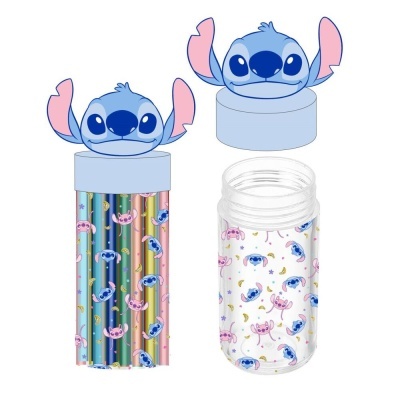 Lápis coloridos com tampa azul com cabeça do Stitch, frasco plástico transparente com padrão Stitch.