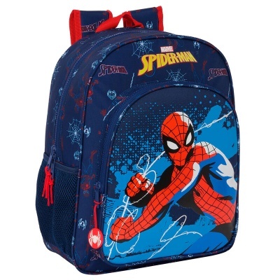 Mochila escolar azul escuro com personagem Spider-Man e padrão de teias de aranha