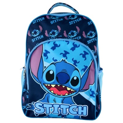 Mochila azul infantil com estampa de Stitch e texto STITCH