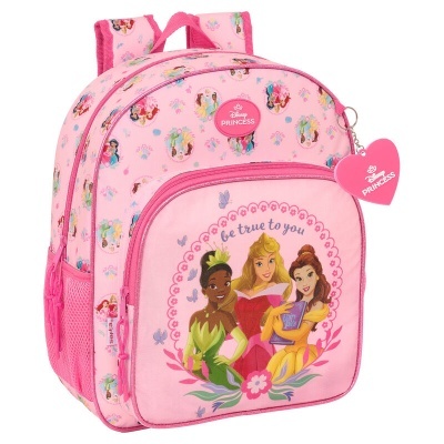 mochila rosa infantil Disney Princess com estampas de princesas e chaveiro em coração