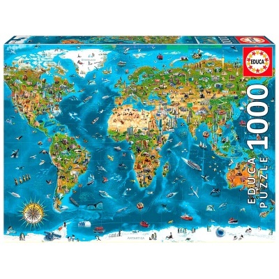 Caixa de puzzle EDUCA 1000 peças com mapa mundi e ilustrações coloridas.