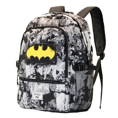 Mochila Batman estampada com logo amarelo e preto em tecido preto e branco