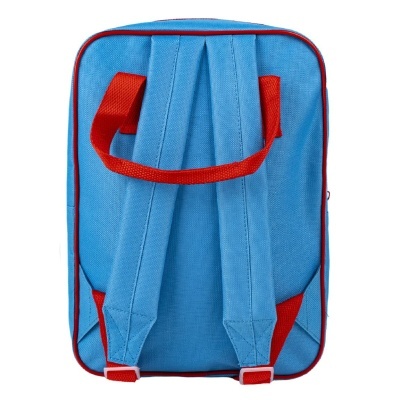 Mochila azul com alças vermelhas vista de trás