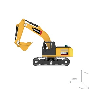 Brinquedo de escavadora amarela e preta com etiquetas e fundo branco