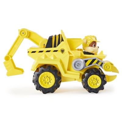 Brinquedo carrinho escavadora amarelo com personagem cão de capacete
