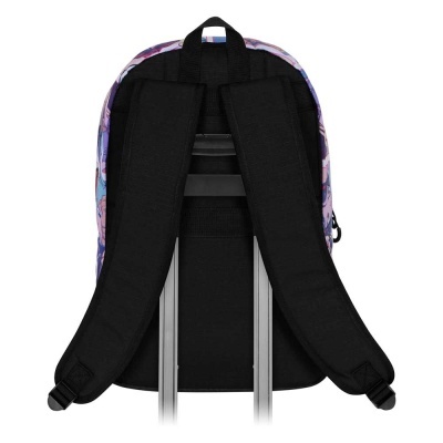 Mochila colorida com alças pretas e suporte para carrinho de bagagem