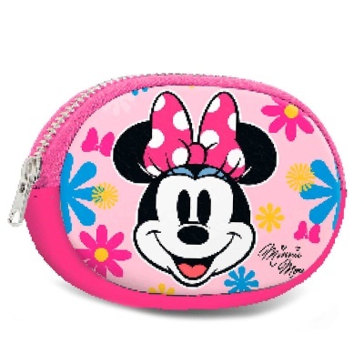 Bolsa rosa com fecho e estampa da Minnie Mouse rodeada de flores