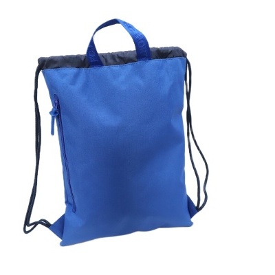 Mochila saco azul com fecho vertical e cordão de aperto