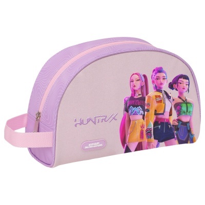 Necessaire lilás com imagem de personagens e textos HUNTR/X e K-POP DEMON HUNTERS