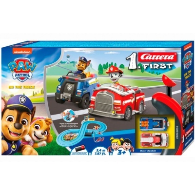 Caixa do brinquedo de pista de corrida Carrera First com carros PAW Patrol e pista azul.