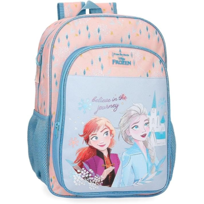 Mochila infantil rosa e azul com personagens Frozen e texto inspirador