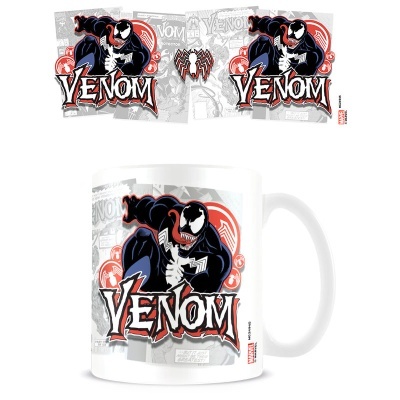 Caneca branca com estampa do personagem Venom e texto VENOM