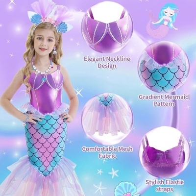 Fato de sereia roxo com escamas azuis e saia rosa transparente para crianças