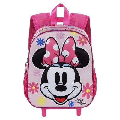 Mochila infantil rosa com desenho da Minnie Mouse e flores coloridas