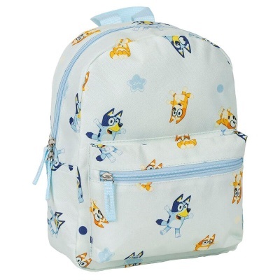 Mochila infantil azul claro com desenhos de cães e fecho de correr azul