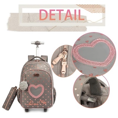 mochila cinza com corações rosa e detalhes em rosa brilhante mais estojo cilíndrico combinado