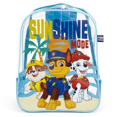 Mochila infantil transparente com personagens da Patrulha Pata e texto SUNSHINE MODE