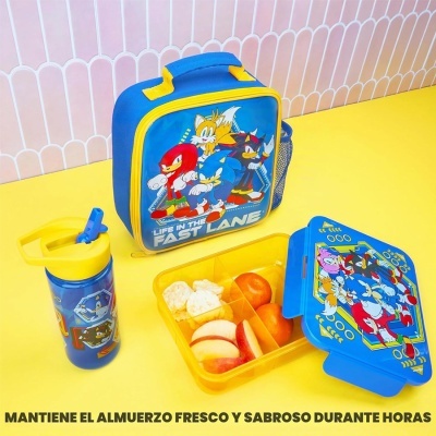 Conjunto lancheira, garrafa e marmita azul e amarelos com personagens Sonic.
