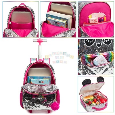 Mochila rosa com carrinho, lantejoulas prateadas e pretas, várias divisões e lancheira decorativa com orelhas pretas