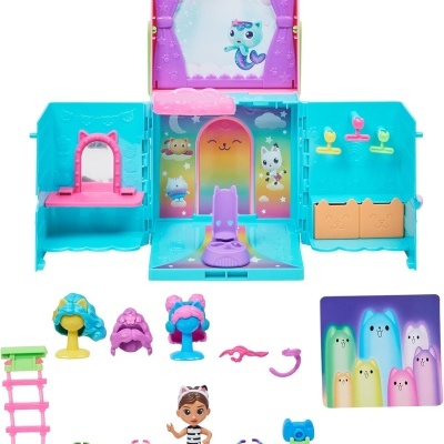 Conjunto de brinquedo colorido com casa dobrável, figuras e acessórios para criança