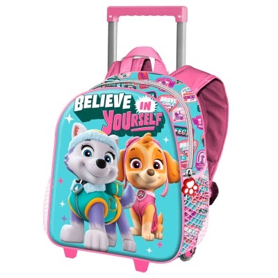 Mochila de carrinho cor-de-rosa com personagens animados de cão e texto motivacional