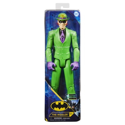 Figura de ação The Riddler em embalagem azul com logos Batman e DC
