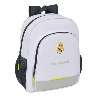 Mochila branca Real Madrid com alças pretas e bolso frontal com fecho