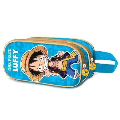 Estojo azul com personagem Luffy do anime One Piece e zíper amarelo