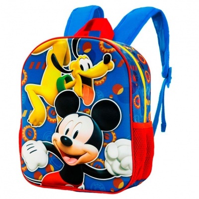 Mochila infantil Disney com Mickey e Pluto em cores azul, vermelho e amarelo