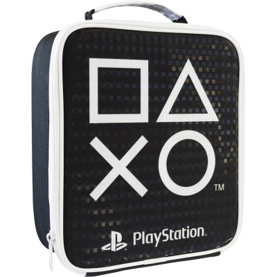 Bolsa preta com símbolos do PlayStation e logo branco