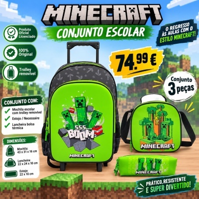 Conjunto escolar Minecraft com mochila trolley, lancheira térmica e estojo verdes com estampas do jogo