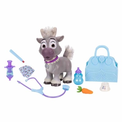 Conjunto de brinquedo veterinário com rena cinzenta, acessórios e bolsa azul