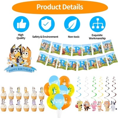Decoração de festa com balões, bandeirola, toppers de cupcakes e espirais festivas com personagens coloridos