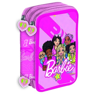 Estojo escolar rosa e lilás com ilustração de personagens Barbie e cachorro