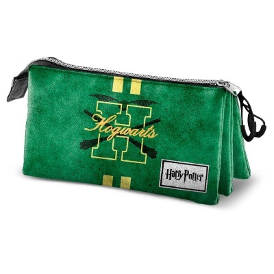 Estojo verde de tecido aveludado com design Hogwarts e etiqueta Harry Potter