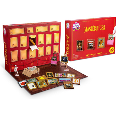 Calendário do advento vermelho com portas numeradas e miniaturas de obras de arte e acessórios