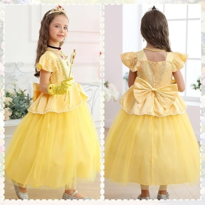 Vestido amarelo de princesa para criança com saia em tule e coroa