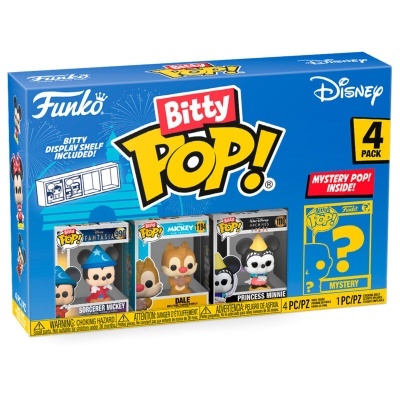 Caixa azul Funko Bitty Pop! Disney com quatro figuras colecionáveis visíveis e texto promocional