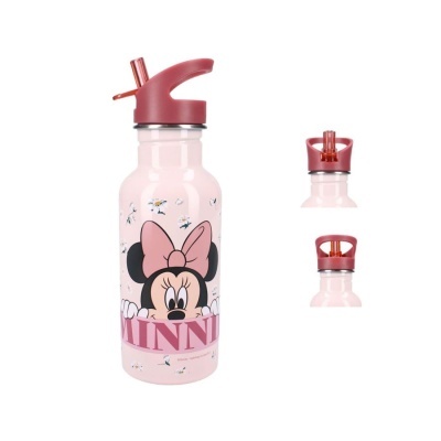 Garrafa reutilizável rosa com tampa vermelha e imagem da Minnie Mouse.