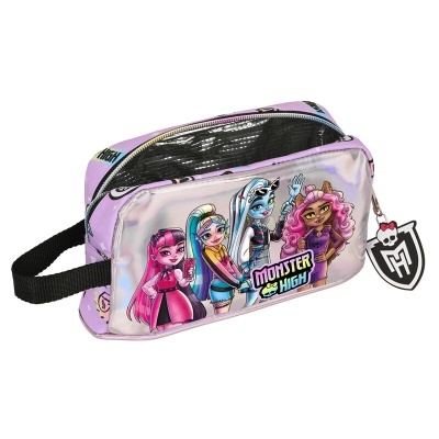 Necessaire infantil Monster High com personagens coloridas e alça preta