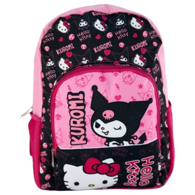 Mochila rosa e preta com personagens Kuromi e Hello Kitty