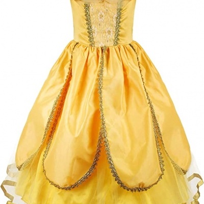 Vestido infantil amarelo com detalhes florais e brilho