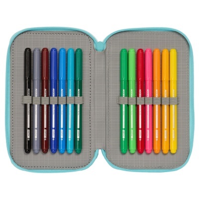 Estojo aberto com 12 canetas coloridas organizadas em elásticos